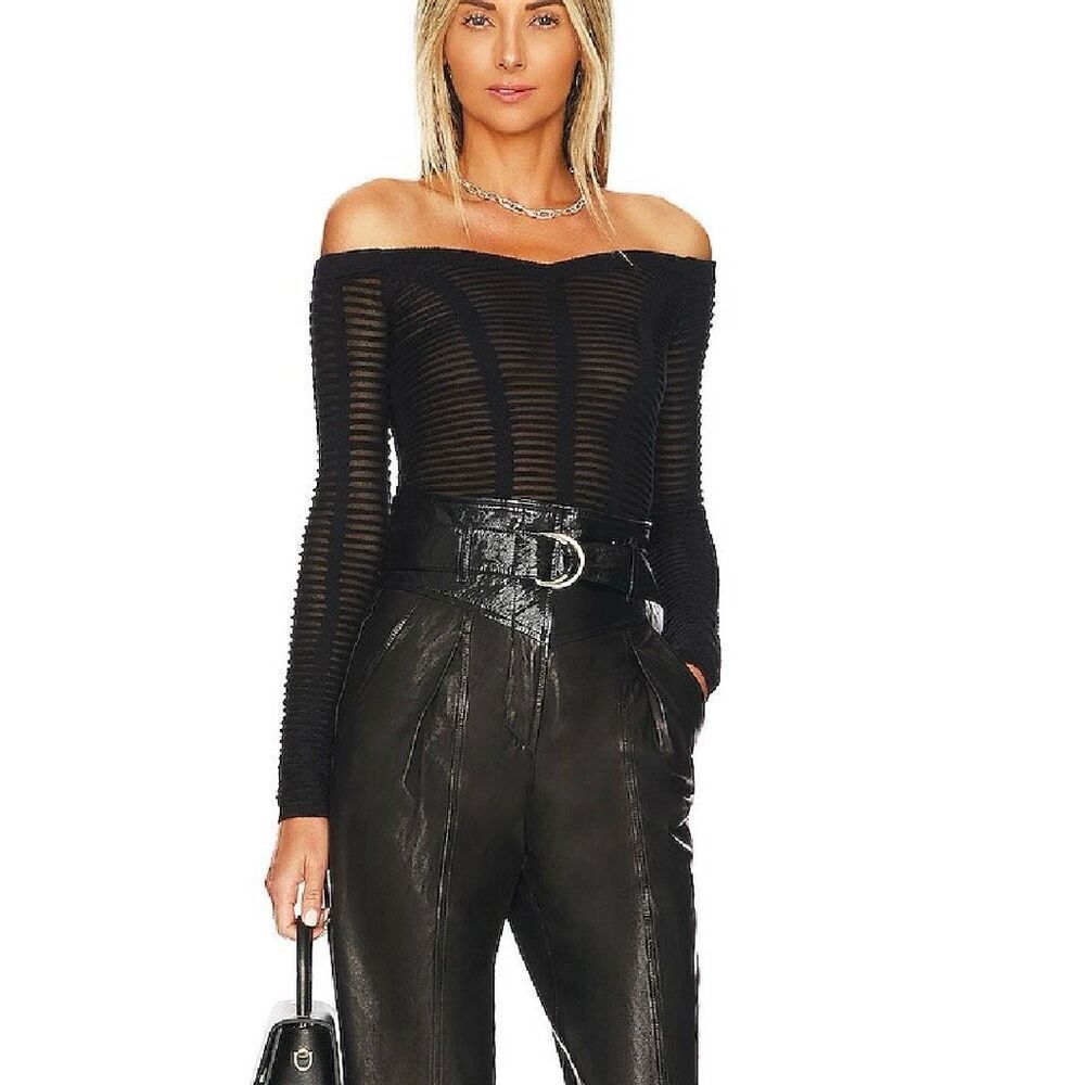 Revolve NBD Amity Layered Mesh Off Shoulder Knit Top Long Sleeve Women‎ XS Black